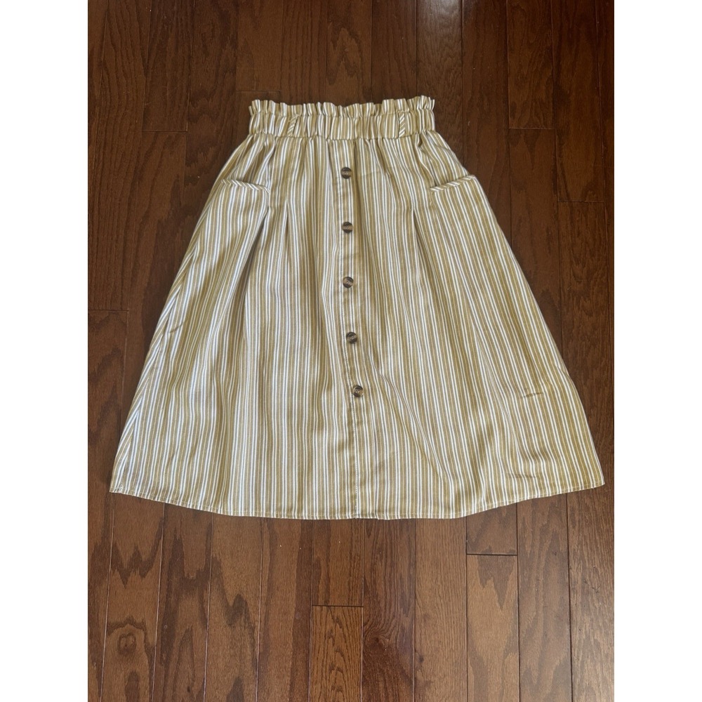 Sadie & Love Striped Midi Skirt‎ S Mustard Button Front Paper Bag Cottagecore